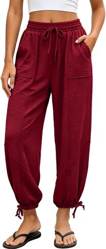 Sweatpants Women Summer Elastic Waist Wide Leg Lace-up Hem Joggers with Pockets Loose Fit Pull On Running Workout Pants in Kuwait