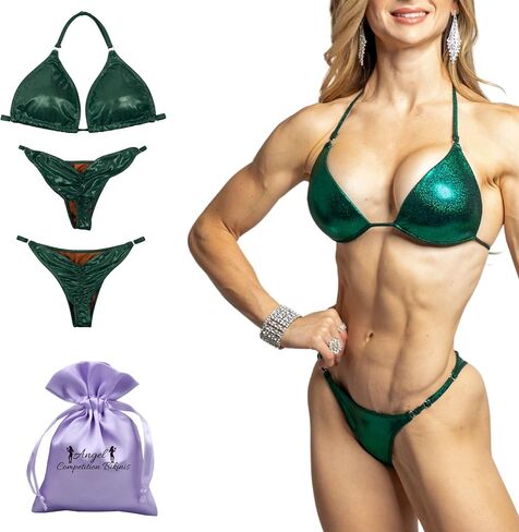 Angel Competition NPC Fit Model Bikini Set w/2 Bottoms – Hologram Emerald Stage Bikini Competition Suits w/50% Glute Coverage in Saudi Arabia