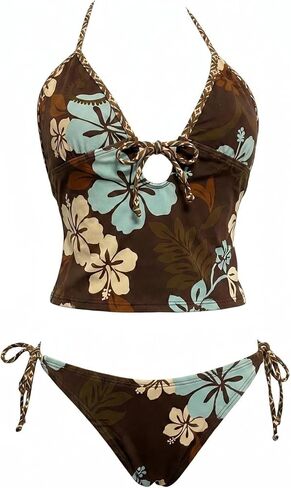 Y2k Sexy Vintage Whimsy Beach Swimsuit 2000s Vacation Going Out Outfits Summer 2 Pieces Floral Bikini Sets Women (Large,Blue Brown Floral) in Saudi Arabia