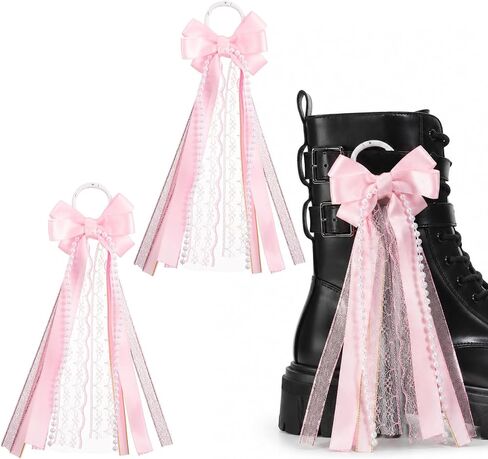 1 Pair Pink Ribbon Boot Bows- Extra-Long Tassel Pink Buffalo Plaid Boot Charms for Cowgirl Boots- Boots Accessories for Wedding Women DIY Bridal Shower Reception Accessory Supplies in Kuwait