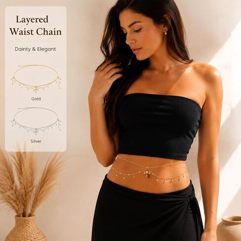 2 PCS Waist Chains Belly Chain with Belly Rings Gold Belly Chains Rhinestone Body Chain Silver Stomach Belt Summer Jewelry Accessories for Bikini, Dress Vacation in Kuwait