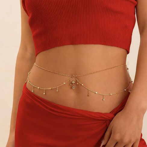 2 PCS Waist Chains Belly Chain with Belly Rings Gold Belly Chains Rhinestone Body Chain Silver Stomach Belt Summer Jewelry Accessories for Bikini, Dress Vacation in Kuwait
