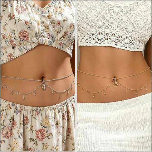 2 PCS Waist Chains Belly Chain with Belly Rings Gold Belly Chains Rhinestone Body Chain Silver Stomach Belt Summer Jewelry Accessories for Bikini, Dress Vacation in Kuwait