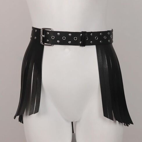 Women's Leather Body Chain Harness, Black Leather Fringe Skirt with Studded Wide Waist Belt, Punk Rock Gothic Hip Chain Belt for Adults Couples Halloween Rave Outfit Cosplay Festival Bedroom Games in Kuwait