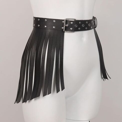 Women's Leather Body Chain Harness, Black Leather Fringe Skirt with Studded Wide Waist Belt, Punk Rock Gothic Hip Chain Belt for Adults Couples Halloween Rave Outfit Cosplay Festival Bedroom Games in Kuwait