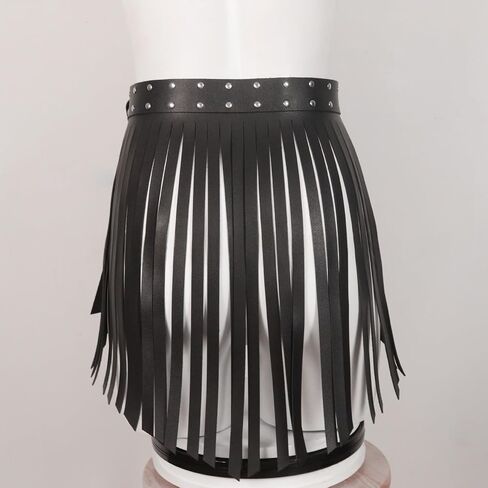 Women's Leather Body Chain Harness, Black Leather Fringe Skirt with Studded Wide Waist Belt, Punk Rock Gothic Hip Chain Belt for Adults Couples Halloween Rave Outfit Cosplay Festival Bedroom Games in Kuwait
