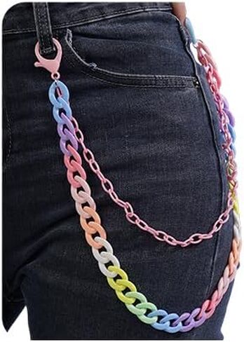 Aimimier Punk Layered Colorful Trousers Chain Acrylic Rainbow Link Chain Jean Pants Belt Chain Keychain Hiphop Body Chain for Women Men in Kuwait