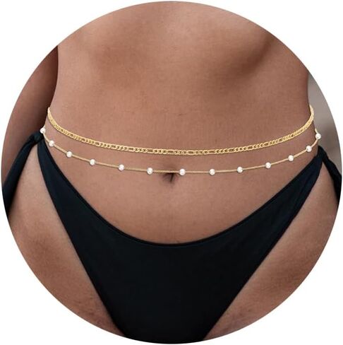 RLMOON 2PCS 18K Gold Plated 26-43Inch Waist Chain for Women Silver Body Belly Chain for the Waist Adjustable Layered Waist Chain for Summer Beach in Kuwait