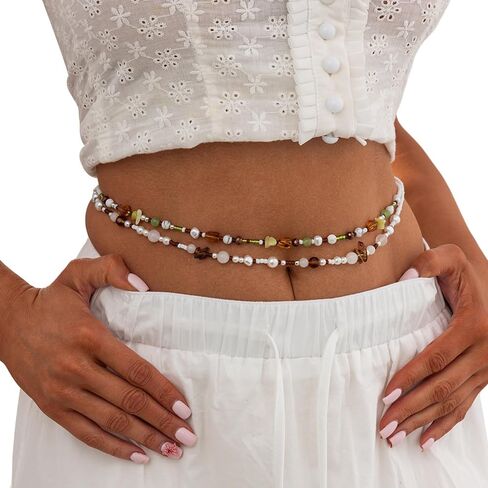 Double Layered Beaded Belly Chain for Women - Colorful Stretch Beaded Waist Chain with Gravel,Summer Beach Bead Waist Body Accessories Jewelry in Kuwait