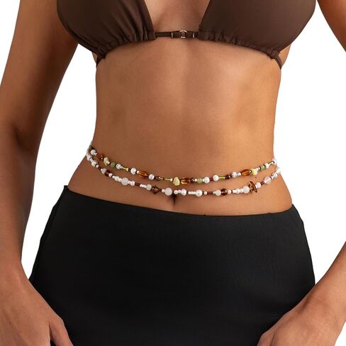 Double Layered Beaded Belly Chain for Women - Colorful Stretch Beaded Waist Chain with Gravel,Summer Beach Bead Waist Body Accessories Jewelry in Kuwait