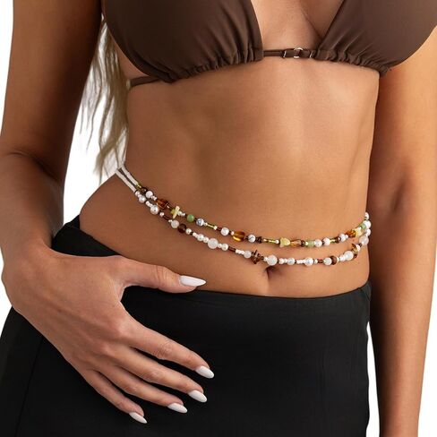Double Layered Beaded Belly Chain for Women - Colorful Stretch Beaded Waist Chain with Gravel,Summer Beach Bead Waist Body Accessories Jewelry in Kuwait