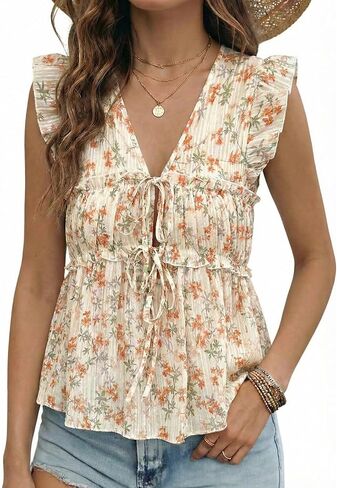 Acelitt Womens Fashion 2026 Summer Ditsy Floral V Neck Tie Front Blouses Shirts Casual Ruffle Shorts Sleeve Babydoll Tops Yellow XXL in Kuwait