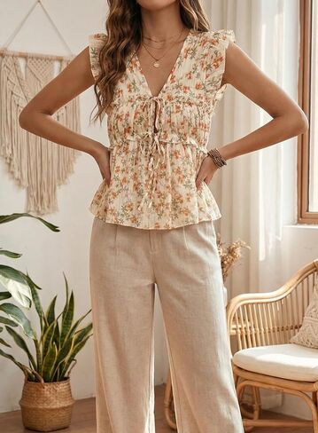 Acelitt Womens Fashion 2026 Summer Ditsy Floral V Neck Tie Front Blouses Shirts Casual Ruffle Shorts Sleeve Babydoll Tops Yellow XXL in Kuwait