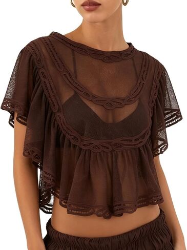 Women Y2k Sheer Mesh Crop Tops Boho Flowy Chiffon Poncho Short Sleeve Ruffle Trim See Through Trendy Tops Cover Up in Saudi Arabia