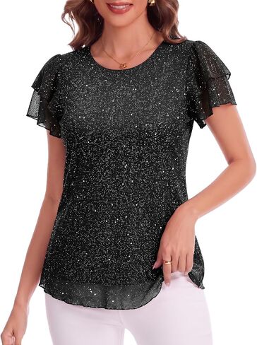 Homain Womens Summer Sequin Tops Sparkly Cocktail Wedding Guest Party Shirt Pull On Crew Neck Ruffle Sleeve Blouses in Saudi Arabia