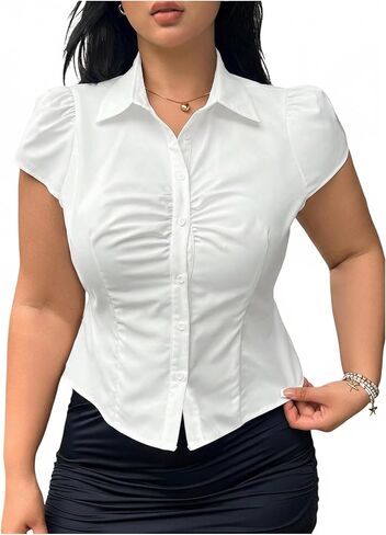 SOLY HUX Women's Plus Size Button Up Fitted Blouse Short Sleeve Collared Y2k Shirts Tie Back Tops in Kuwait