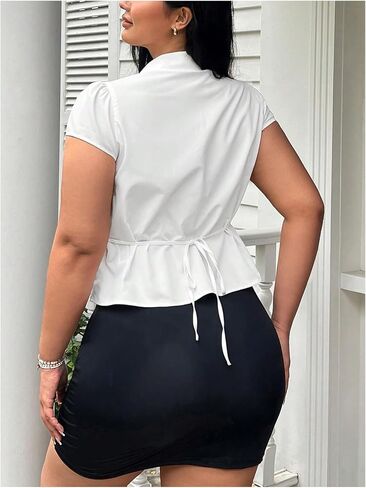 SOLY HUX Women's Plus Size Button Up Fitted Blouse Short Sleeve Collared Y2k Shirts Tie Back Tops in Kuwait