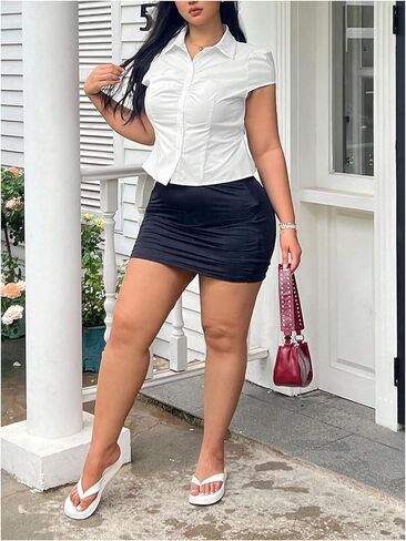 SOLY HUX Women's Plus Size Button Up Fitted Blouse Short Sleeve Collared Y2k Shirts Tie Back Tops in Kuwait