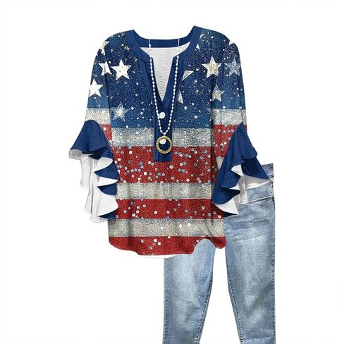 4Th of July Womens Patriotic Tops 3/4 Sleeves USA Flag Shirts Flowy Ruffle Tops Button Blouse Summer V Neck Shirt in Saudi Arabia