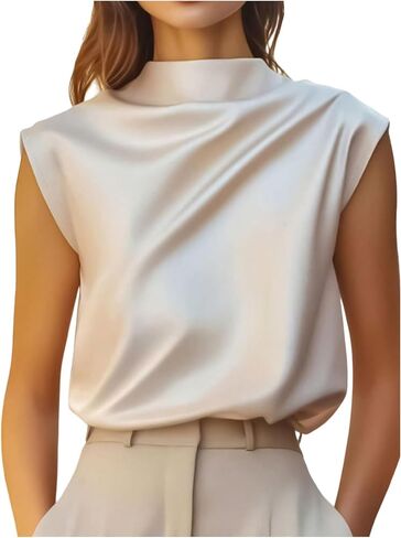 GORGLITTER Women's Satin Silk Tops Blouse Dressy Business Casual Work Office Going Out Cap Sleeve Shirts in Kuwait