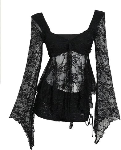 Women's Y2k Gothic Sheer Lace Bell Sleeve Blouse Sweetheart Neck Asymmetrical Flowy Tops in Kuwait