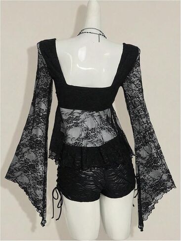 Women's Y2k Gothic Sheer Lace Bell Sleeve Blouse Sweetheart Neck Asymmetrical Flowy Tops in Kuwait