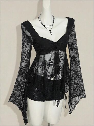 Women's Y2k Gothic Sheer Lace Bell Sleeve Blouse Sweetheart Neck Asymmetrical Flowy Tops in Kuwait