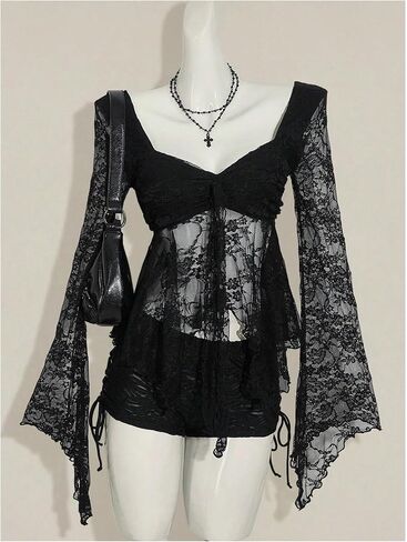 Women's Y2k Gothic Sheer Lace Bell Sleeve Blouse Sweetheart Neck Asymmetrical Flowy Tops in Kuwait