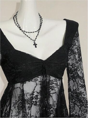 Women's Y2k Gothic Sheer Lace Bell Sleeve Blouse Sweetheart Neck Asymmetrical Flowy Tops in Kuwait