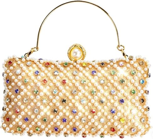 Pearl Clutch Purses for Women, Hand-Beaded Rhinestone Evening Bag with Detachable Chain, Multicolor Crystal Formal Clutch | Perfect for Weddings in Saudi Arabia