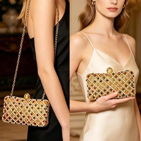 Pearl Clutch Purses for Women, Hand-Beaded Rhinestone Evening Bag with Detachable Chain, Multicolor Crystal Formal Clutch | Perfect for Weddings in Saudi Arabia
