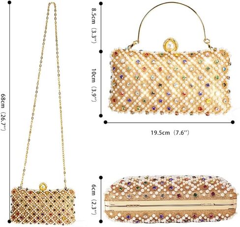 Pearl Clutch Purses for Women, Hand-Beaded Rhinestone Evening Bag with Detachable Chain, Multicolor Crystal Formal Clutch | Perfect for Weddings in Saudi Arabia