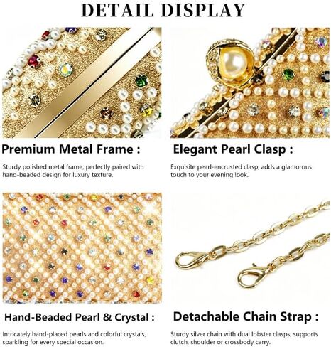 Pearl Clutch Purses for Women, Hand-Beaded Rhinestone Evening Bag with Detachable Chain, Multicolor Crystal Formal Clutch | Perfect for Weddings in Saudi Arabia