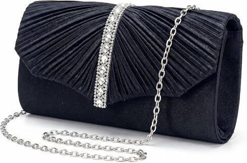 Women's Pleated Satin Evening Clutch Bag, Rhinestone & Detachable Chain Strap, Convertible Envelope Clutch for Party in Saudi Arabia