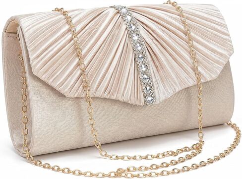 Women's Pleated Satin Evening Clutch Bag, Rhinestone & Detachable Chain Strap, Convertible Envelope Clutch for Party in Saudi Arabia