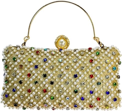 Pearl Clutch Purses for Women, Hand-Beaded Rhinestone Evening Bag with Detachable Chain, Multicolor Crystal Formal Clutch | Perfect for Weddings in Saudi Arabia
