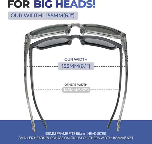 Big Head Sunglasses for Men, 155mm Wide XXL Polarized Sunglasses, TR90 No-Pinch Fit Frame in Kuwait