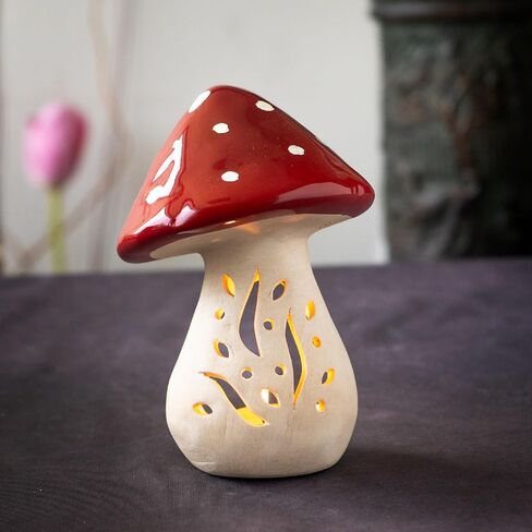 Pacific Giftware Enchanted Garden Ceramic Mushroom Tealight Candle Holder, Red and White Spotted Toadstool Design with Decorative Cutout Pattern 5.7" H in Saudi Arabia