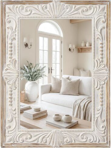 H HOMEWINS Rustic Rectangle Mirror,22x30 Wooden Farmhouse Mirrors,Carved Boho Bathroom Wall-Mounted Nature Beads Decor Mirror for Bedroom, Living Room,Vanity,Entryway,Over Sink in Saudi Arabia