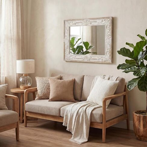 H HOMEWINS Rustic Rectangle Mirror,22x30 Wooden Farmhouse Mirrors,Carved Boho Bathroom Wall-Mounted Nature Beads Decor Mirror for Bedroom, Living Room,Vanity,Entryway,Over Sink in Saudi Arabia