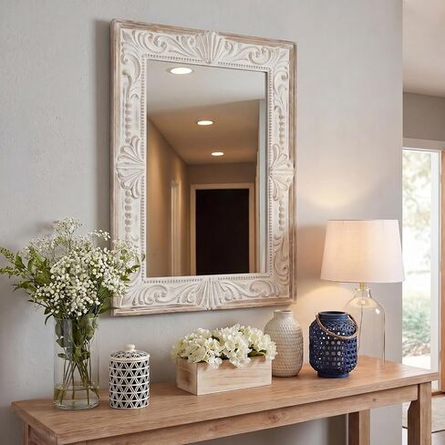 H HOMEWINS Rustic Rectangle Mirror,22x30 Wooden Farmhouse Mirrors,Carved Boho Bathroom Wall-Mounted Nature Beads Decor Mirror for Bedroom, Living Room,Vanity,Entryway,Over Sink in Saudi Arabia