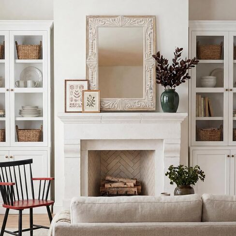 H HOMEWINS Rustic Rectangle Mirror,22x30 Wooden Farmhouse Mirrors,Carved Boho Bathroom Wall-Mounted Nature Beads Decor Mirror for Bedroom, Living Room,Vanity,Entryway,Over Sink in Saudi Arabia