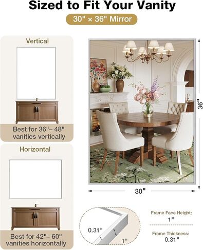 24x36 Inch Brushed Nickel Bathroom Mirror for Over Sink, Rectangular Vanity Mirror Wall Mounted, Tempered Glass Aluminum Frame Mirror, HD Reflection Bathroom Mirror, Horizontal or Vertical in Saudi Arabia