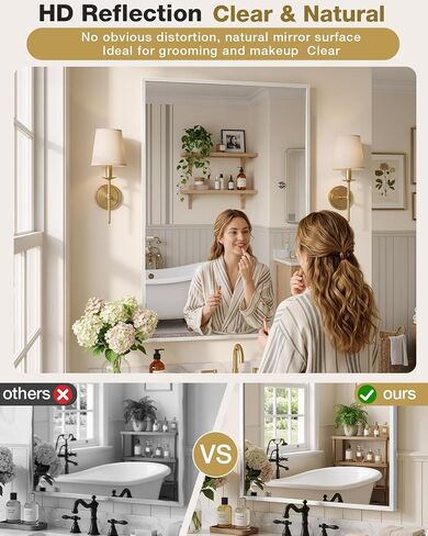 24x36 Inch Brushed Nickel Bathroom Mirror for Over Sink, Rectangular Vanity Mirror Wall Mounted, Tempered Glass Aluminum Frame Mirror, HD Reflection Bathroom Mirror, Horizontal or Vertical in Saudi Arabia