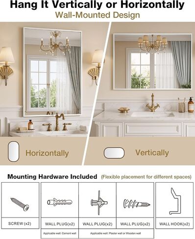 24x36 Inch Brushed Nickel Bathroom Mirror for Over Sink, Rectangular Vanity Mirror Wall Mounted, Tempered Glass Aluminum Frame Mirror, HD Reflection Bathroom Mirror, Horizontal or Vertical in Saudi Arabia