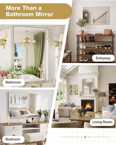 24x36 Inch Brushed Nickel Bathroom Mirror for Over Sink, Rectangular Vanity Mirror Wall Mounted, Tempered Glass Aluminum Frame Mirror, HD Reflection Bathroom Mirror, Horizontal or Vertical in Saudi Arabia