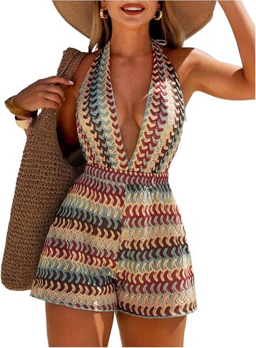 GORGLITTER Women's Crochet Boho Halter Top Romper Striped Tie Backless Knit Cover Up One Piece Summer Vacation Outfits in Kuwait
