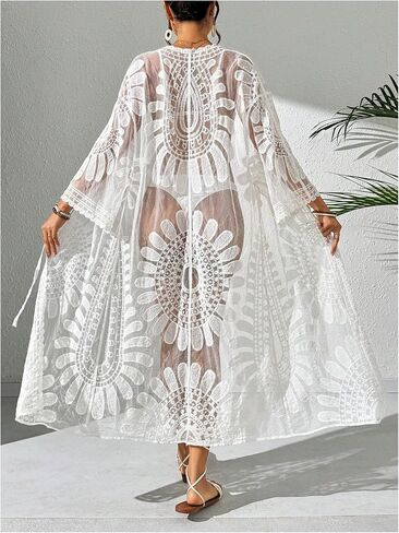 WDIRARA Women's Open Front Kimono Mesh Sheer Beach Cover Up Long Cardigan Coverup in Kuwait