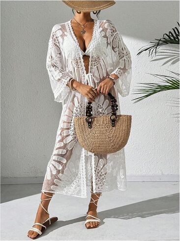 WDIRARA Women's Open Front Kimono Mesh Sheer Beach Cover Up Long Cardigan Coverup in Kuwait