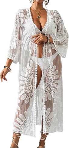 WDIRARA Women's Open Front Kimono Mesh Sheer Beach Cover Up Long Cardigan Coverup in Kuwait